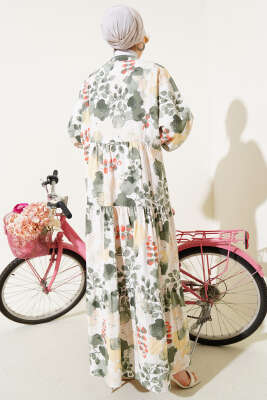 Ebruli Desen Hakim Yaka Tencel Elbise Haki - Tesettür Elbise