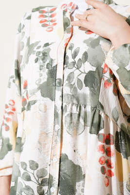 Ebruli Desen Hakim Yaka Tencel Elbise Haki - Tesettür Elbise