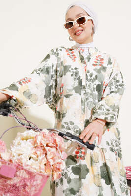 Ebruli Desen Hakim Yaka Tencel Elbise Haki - Tesettür Elbise