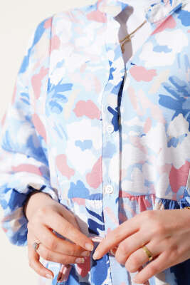 Ebruli Desen Hakim Yaka Tencel Elbise İndigo - Tesettür Elbise