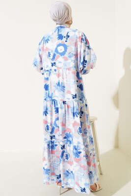 Ebruli Desen Hakim Yaka Tencel Elbise İndigo - Tesettür Elbise