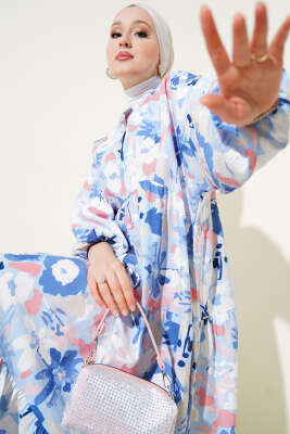 Ebruli Desen Hakim Yaka Tencel Elbise İndigo - Tesettür Elbise