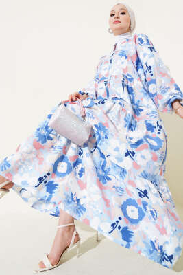 Ebruli Desen Hakim Yaka Tencel Elbise İndigo - Tesettür Elbise