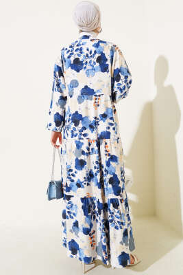 Ebruli Desen Hakim Yaka Tencel Elbise Lacivert - Tesettür Elbise