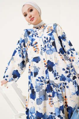 Ebruli Desen Hakim Yaka Tencel Elbise Lacivert - Tesettür Elbise