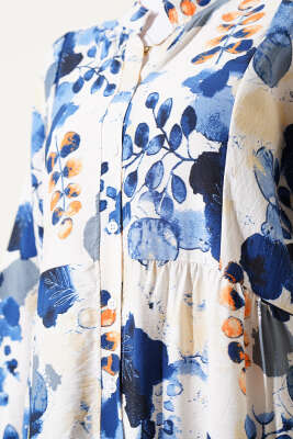 Ebruli Desen Hakim Yaka Tencel Elbise Lacivert - Tesettür Elbise