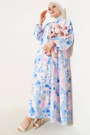 Ebruli Desen Hakim Yaka Tencel Elbise Mavi - Elbise