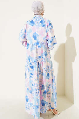 Ebruli Desen Hakim Yaka Tencel Elbise Mavi - Tesettür Elbise