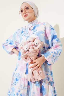 Ebruli Desen Hakim Yaka Tencel Elbise Mavi - Tesettür Elbise