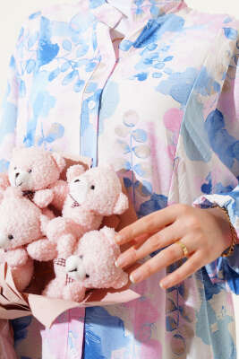 Ebruli Desen Hakim Yaka Tencel Elbise Mavi - Tesettür Elbise