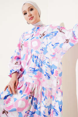 Ebruli Desen Hakim Yaka Tencel Elbise Pembe - Tesettür Elbise