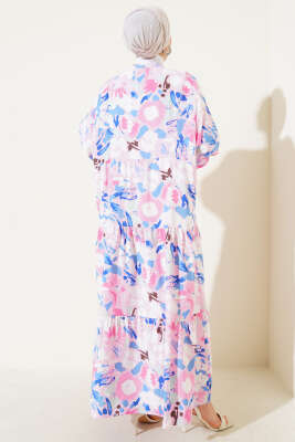 Ebruli Desen Hakim Yaka Tencel Elbise Pembe - Tesettür Elbise