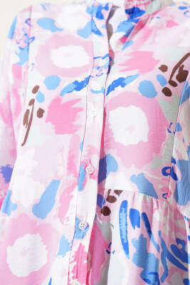 Ebruli Desen Hakim Yaka Tencel Elbise Pembe - Tesettür Elbise