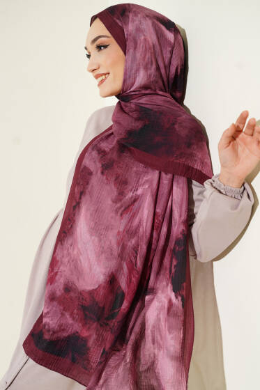 Ebruli Desen Müslin Şal Bordo - Başörtüsü
