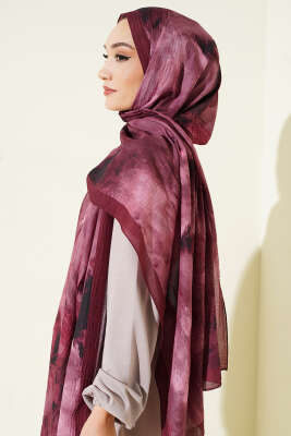 Ebruli Desen Müslin Şal Bordo - Başörtüsü