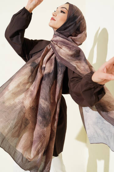 Ebruli Desen Müslin Şal Haki - Başörtüsü