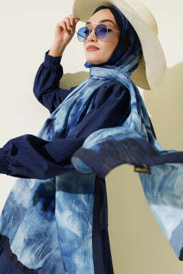 Ebruli Desen Müslin Şal İndigo 