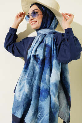 Ebruli Desen Müslin Şal İndigo - Başörtüsü