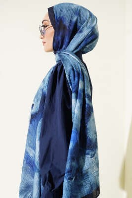 Ebruli Desen Müslin Şal İndigo - Başörtüsü