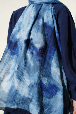 Ebruli Desen Müslin Şal İndigo - Başörtüsü