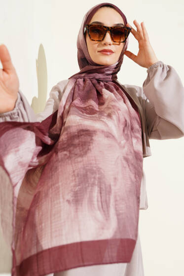Ebruli Desen Müslin Şal Kahve - Başörtüsü