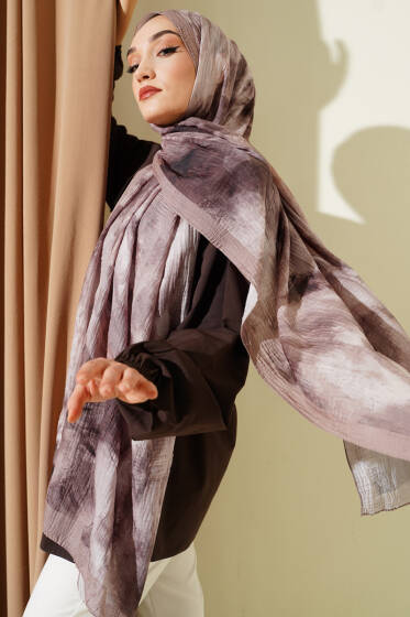 Ebruli Desen Müslin Şal Kum Bej - Başörtüsü