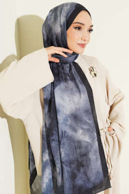 Ebruli Desen Müslin Şal Lacivert 