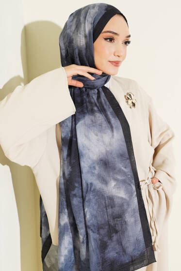 Ebruli Desen Müslin Şal Lacivert - Başörtüsü