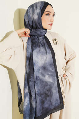 Ebruli Desen Müslin Şal Lacivert - Başörtüsü