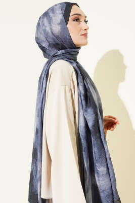 Ebruli Desen Müslin Şal Lacivert - Başörtüsü