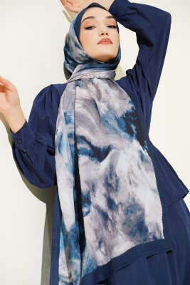 Ebruli Desen Müslin Şal Lacivert Bej 