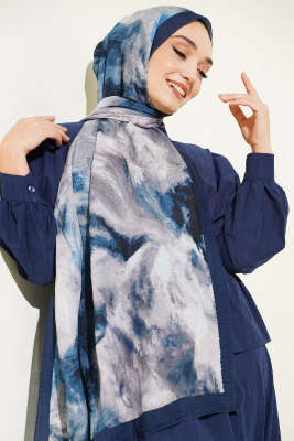 Ebruli Desen Müslin Şal Lacivert Bej - Başörtüsü