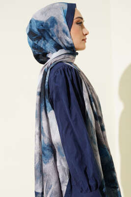 Ebruli Desen Müslin Şal Lacivert Bej - Başörtüsü