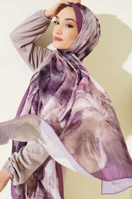 Ebruli Desen Müslin Şal Mor 