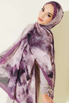 Ebruli Desen Müslin Şal Mor - Başörtüsü