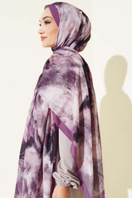 Ebruli Desen Müslin Şal Mor - Başörtüsü