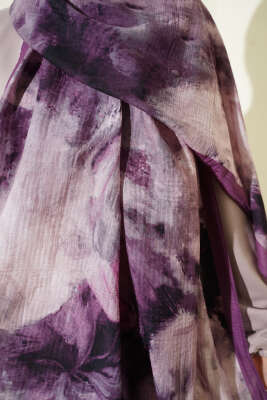 Ebruli Desen Müslin Şal Mor - Başörtüsü