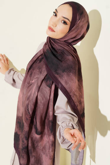 Ebruli Desen Müslin Şal Mürdüm - Başörtüsü