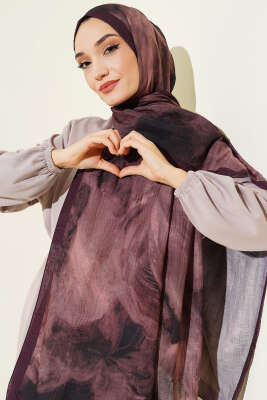 Ebruli Desen Müslin Şal Mürdüm - Başörtüsü