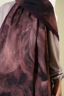 Ebruli Desen Müslin Şal Mürdüm - Başörtüsü