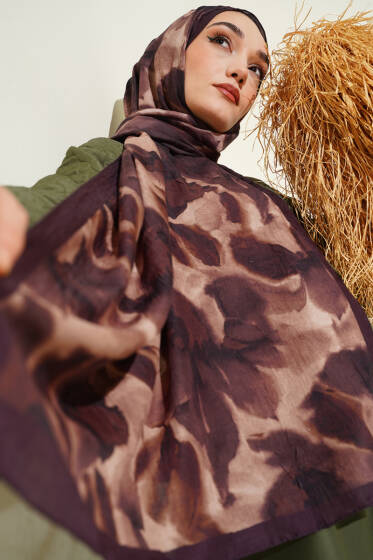 Ebruli Desenli Bambu Kraş Şal Acı Kahve - Başörtüsü