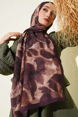 Ebruli Desenli Bambu Kraş Şal Acı Kahve - Başörtüsü