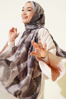 Ebruli Desenli Bambu Kraş Şal Bej - ŞEHRİ ŞAL