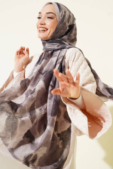 Ebruli Desenli Bambu Kraş Şal Bej - Başörtüsü