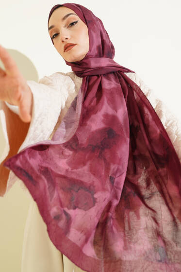 Ebruli Desenli Bambu Kraş Şal Bordo - Başörtüsü