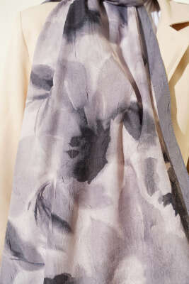 Ebruli Desenli Bambu Kraş Şal Gri - Başörtüsü