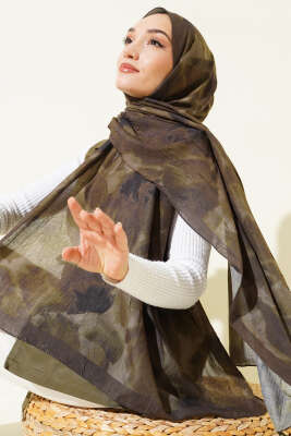 Ebruli Desenli Bambu Kraş Şal Haki - ŞEHRİ ŞAL