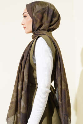 Ebruli Desenli Bambu Kraş Şal Haki - Başörtüsü