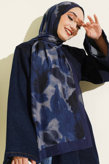 Ebruli Desenli Bambu Kraş Şal Lacivert - Başörtüsü