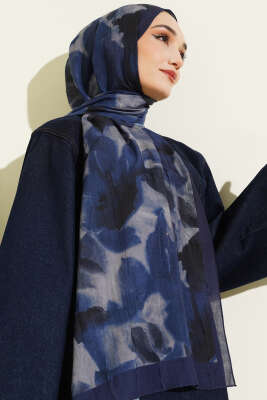 Ebruli Desenli Bambu Kraş Şal Lacivert - Başörtüsü